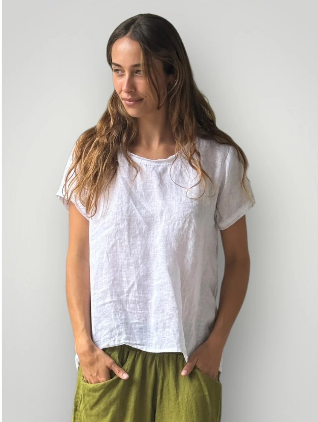 Frockk Ellie Round Neck Short Sleeve White Linen Blouse Top Size Large